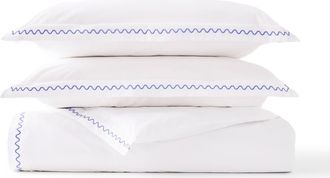 Christy Wave Embroidered Edge Cotton Percale Duvet Cover Sets in China Blue at Nordstrom, Size Queen