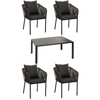 Hhg Set De Jard&iacute;n Hhg 616, Mesa+4xsillas, Aluminio Resistente A La Intemperie 140x80cm, Mimbre De Cuerda Rope, Antracita, Cojines Gris Oscuro