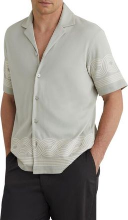 Reiss Arden Embroidered Cotton Blend Camp Shirt in Soft Sage Green at Nordstrom, Size Xx-Large