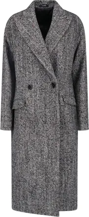 Tagliatore Double-Breasted Black Herringbone Coat with Pointed Lapel