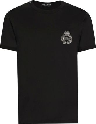 Dolce & Gabbana Tops, Heren, Zwart, 2Xl, Katoen, Zwart Crew Neck Geborduurd Logo T-shirt