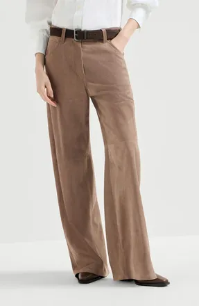 Brunello Cucinelli Suede baggy trousers with monili in Light Brown at Nordstrom, Size 40
