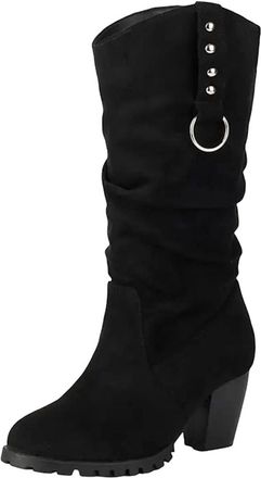 Generic Womens Leisure Mid Calf Boots Round Toe High Block Heel With Platform Slip On Design And Metal Decoration Daily Booties