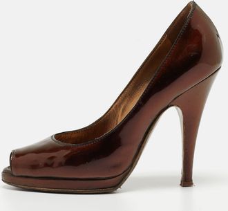 Roberto Cavalli Metallic Gold Patent Leather Peep Toe Pumps