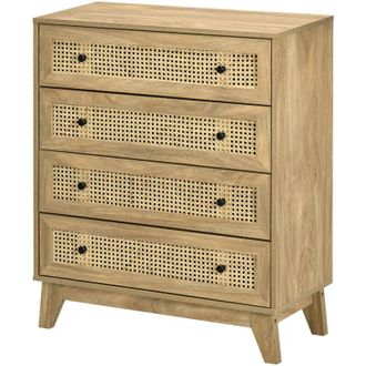 HOMCOM Cassettiera 4 Cassetti Stile Boho in Rattan 80x35x95 cm Legno Naturale