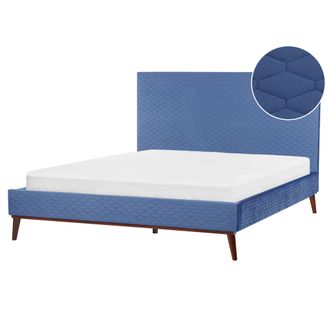 Beliani Cama Con Somier Cabecero Panal Acolchado Dise&ntilde;o Moderno Tapizado De Terciopelo Azul 180 X 200 Cm Bayonne