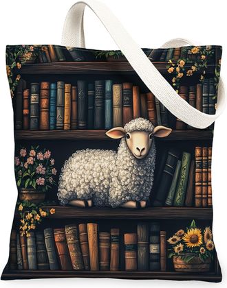 Generic Spring Sheep Canvas Tote Bag for Shopping 13x15, Flower Bookshelf Animal Reusable Grocery Print Bag for Women, Fun Scenic Beach Aesthetic Painting Gif