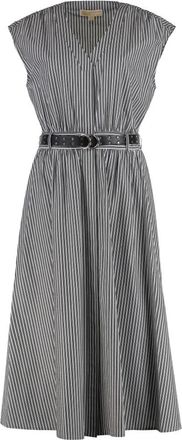 Michael Kors Gestreepte Katoenen Pencil Jurk met Riem - Dames - Casual kleedjes - Zwart - L - Katoen - Kleedjes