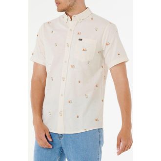 Rip Curl Skelly Breach Tropical Print Short Sleeve Cotton Chambray Button-Down Shirt in Off White at Nordstrom, Size Xx-Large