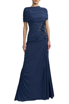 Mac Duggal Embellished Jersey Draped Column Gown in Sapphire at Nordstrom, Size 10