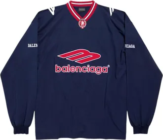Balenciaga 3B Football Long Sleeve V-neck T-shirt Dark Navy Red 857085TTVQ64030