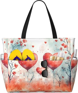 Generic Flowers Love Hearts Print Large Beach Bag Foldable Travel Shoulder Tote Bag With Pocket For Weekender Pool Vacation