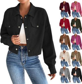 Generic Womens Denim Jackets Womens Cropped Corduroy Jacket Long Sleeve Casual Soft Warm Button Down Shirt Shacket Drop Shoulder Short Crop Coat Outwear Black