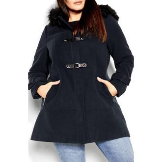 City Chic Wonderwall Coat with Faux Fur Collar in Navy at Nordstrom, Size Xxs