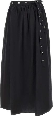 HUGO BOSS Rok met oogjesriem - Dames - Midirokken - Zwart - 2XL - Katoen - Rokken