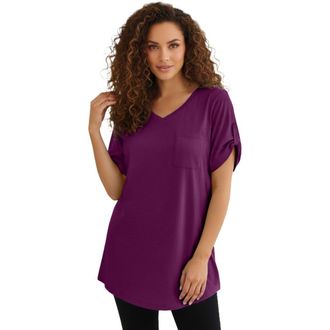 Roaman's Plus Size Slub V-Neck Boyfriend Tunic Top in Dark Berry at Nordstrom, Size Medium