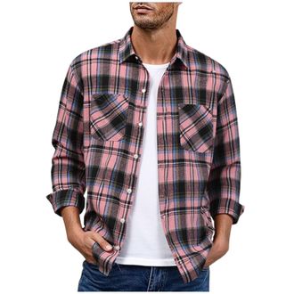 Generic Mens Checked Shirts Casual Regular-Fit Fashionable Versatile Long Sleeve Lightweight Plaid Shirt Comfortable Durable Button-Up Lapel Tops with Chest P