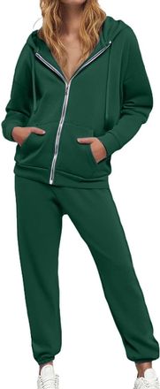 Generic Women Tracksuit Full Set LUS Size Solid Color Loungewear Womens 2 Piece Hooded Sweatshirt and Sweatpants with Pockets Zip Up Dark Green