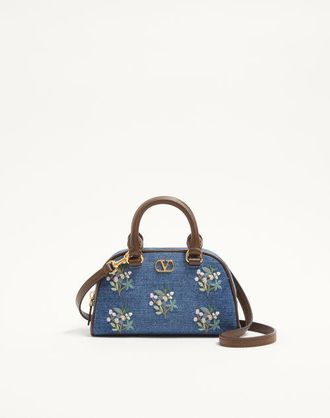 Valentino Garavani Valentino Garavani Vlogo Signature Mini Top-Handle Bag In Denim With Floral Embroidery Wo