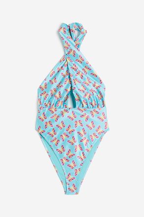 H&M Neckholder-Badeanzug mit hohem Beinausschnitt - T&uuml;rkis/Schmetterlinge