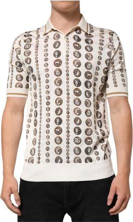 Dolce & Gabbana Muntprint Zijden Polo T-shirt - Heren - Polos - Wit - S - Tops