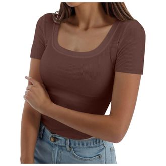 Generic Womens Fashion Sexy Low Round Neck T-Shirt Threaded Slim Short Sleeved Tops Solid Colour Summer Basics T Shirt Ladies Large Size Blouse Classic Daily 