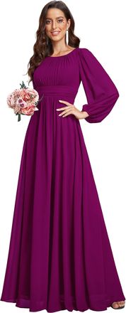 Ever-pretty Womens Dresses Evening Round Neck A-Line Long Sleeve Bridesmaid Dresses Fuchsia 20UK