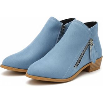 Generic Women Faux Suede Pointed Toe Ankle Booties - Classic Western Cowboy Low Heeled Shoes - Vintage Comfy Slip on Boot (peacock blue,6.5)