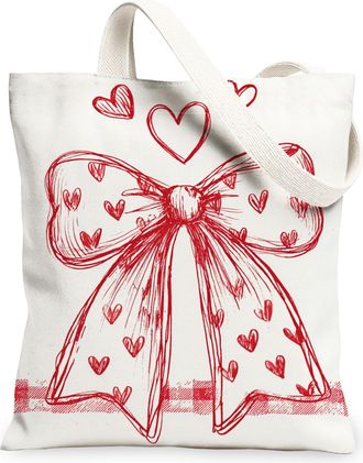 Generic ValentineS Day Heart Bow Canvas Tote Bags, Cute Ribbon Design Reusable Shopping Bags, Lightweight Washable Shoulder Strap, White, 13x15 Inch
