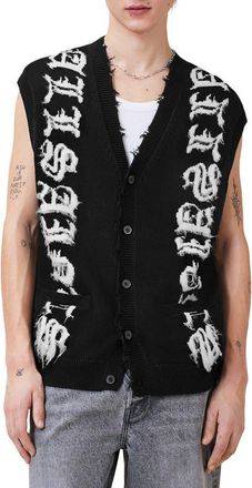 AllSaints Scripture Distressed Graphic Button-Up Sweater Vest in Black/Ecru White at Nordstrom, Size X-Large