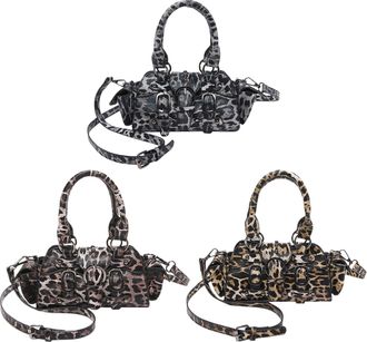 Generic Women PU Leather Leopard Print Studded Underarm Shoulder Bag with Zipper(Black)