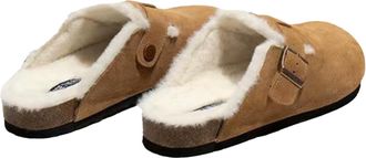 Generic Womens Suede Leather Clogs Warm Faux Fur Lined Mules Comfort Slip-On Potato Shoes with Cork Footbed & Adjustable Buckle (Apricot,7.5)