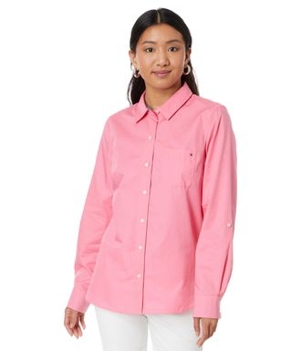 Tommy Hilfiger Womens Button Down Long Sleeve Collared Shirt with Chest Pocket, Peony, M