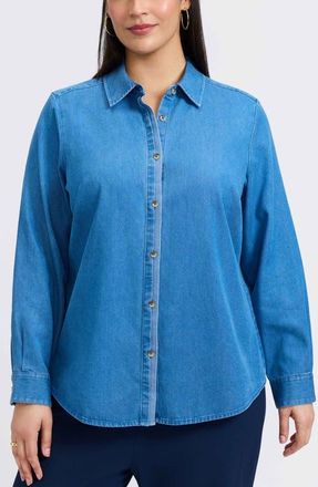 Foxcroft Charlie Denim Button-Up Shirt in Medium Wash at Nordstrom, Size 16W