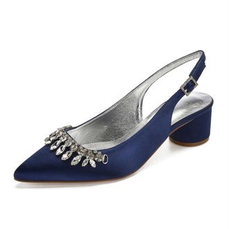 Generic Wedding Shoes Women Ankle Strap Pointed Toe Slingback Chunky Low Heels Dress Pumps Bridal Shoes 4.5Cm,Dark Blue,6 UK