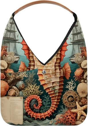 Generic Vintage Map Seahorse Starfish Reusable Lightweight Grocery Bags - Foldable Into Compact Pouch, Washable & Sturdy, Multipurpose for Shopping and Travel