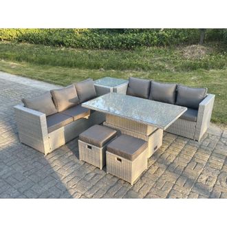 Fimous Rattan Garden Funiture Set Height Adjustable Rising Lifting Table Sofa Dining Set With Side Coffee Tea Table Stool - Fimous