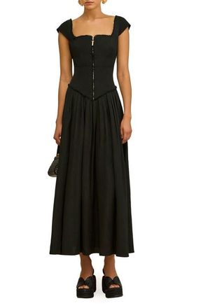 Cult Gaia Solstice Pleated Fringe Trim Cap Sleeve Dress in Black at Nordstrom, Size 10
