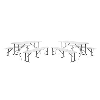Sweeek Mesa de recepci&oacute;n plegable acero 2 bancos, set de 2, blanco