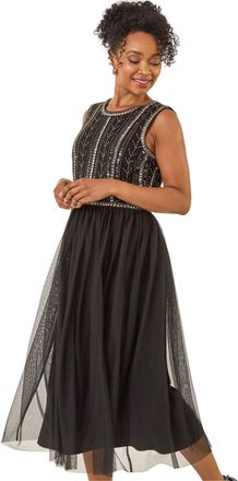 Roman Womens Petite Embroidered Mesh Dress - Black - Size 14 UK