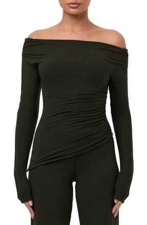 Naked Wardrobe Off the Shoulder Ruched Top in Olive at Nordstrom Rack, Size X-Small