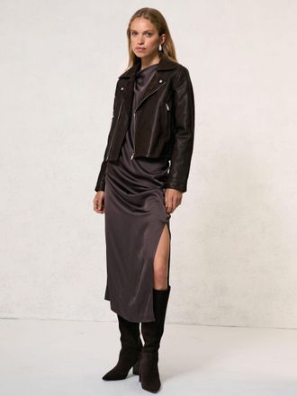 Reiss Chocolate Brown Suede-lapel Leather Biker Jacket, 10