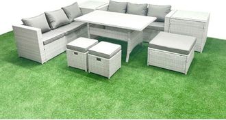 Fimous Rattan Garden Furniture Set 9 Seater Outdoor Sofa Set with Dining Table 2 Side Tables 3 Footstools Light Grey Mixed - Fimous