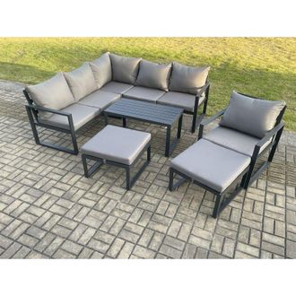 Fimous Fimous Aluminium Outdoor Garden Furniture Set Lounge Sofa Oblong Coffee Table Sets with Chair 2 Big Footstools Indoor Conservatory Set Dark Grey