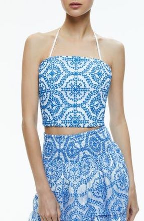 Alice & Olivia Ceresi Embroidered Crop Halter Top in Off White/French Blue at Nordstrom Rack, Size 14