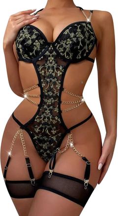 Generic Women Lingerie Set Womens Sexy Outfit for Bedroom Women Sexy Lace Mesh Floral Embroidery Chain Garter Teddy Bodysuit with Leg Women Lingerie Underwear
