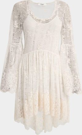 Chloé Lace U-Neck Long-Sleeve Mini Dress