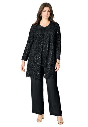 Roaman's Plus-Size 3 Piece Allover Sequin Lace Jacket And Tank Pant Set in Black at Nordstrom, Size 22
