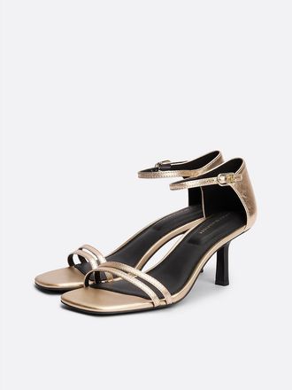 Tommy Hilfiger Womens Monogram Strap Metallic Kitten Heel Shoe - Gold - US 9 / EU 40