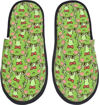 Generic House Shoes Cute Green Frog Print Soft Womens Slippers Breathable Plush Winter Slippers Winter Guest M